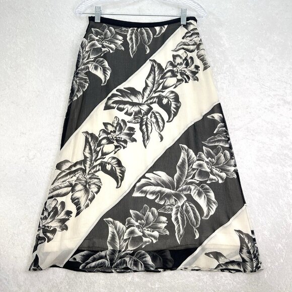 TOMMY BAHAMA Silk Midi Skirt Tropical Floral Print Black White Womens 2 - Picture 1 of 10
